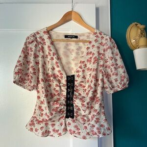 Sugarlips Cream Floral Lace-Up Puff Sleeve Blouse